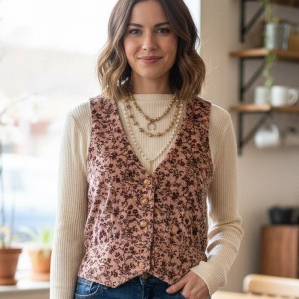 Vintage Velvet Small Floral Print Button Down Vest